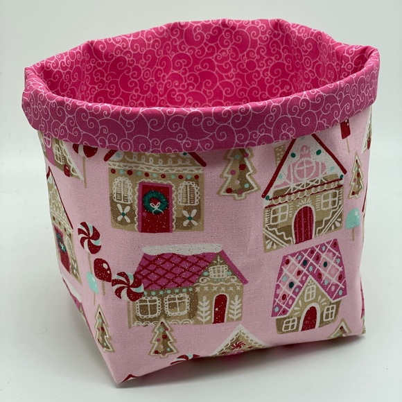LAST ONE Handmade Christmas Fabric Basket Pink Christmas Basket - Picture 1 of 3